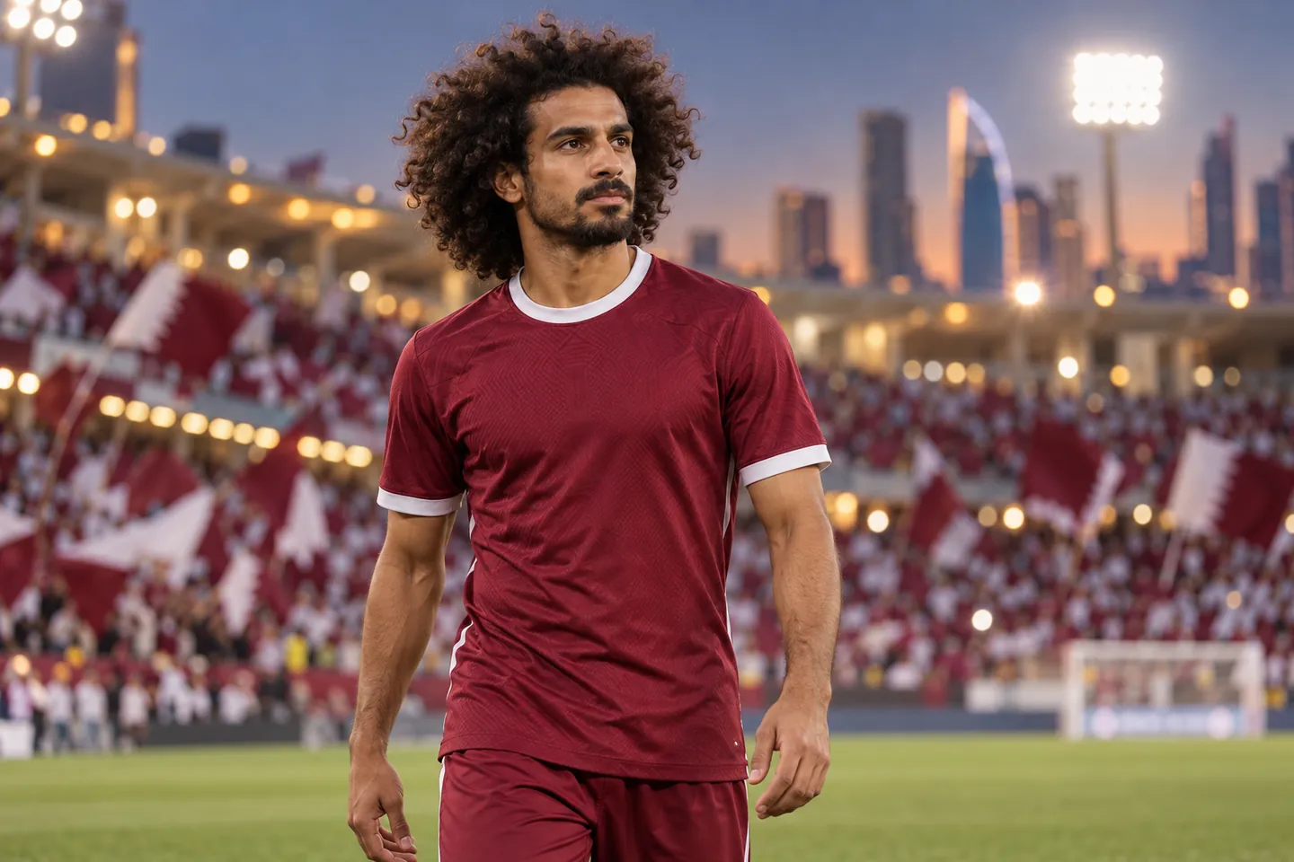 Editorial portrait inspired by Akram Afif in a maroon Qatar-colour jersey