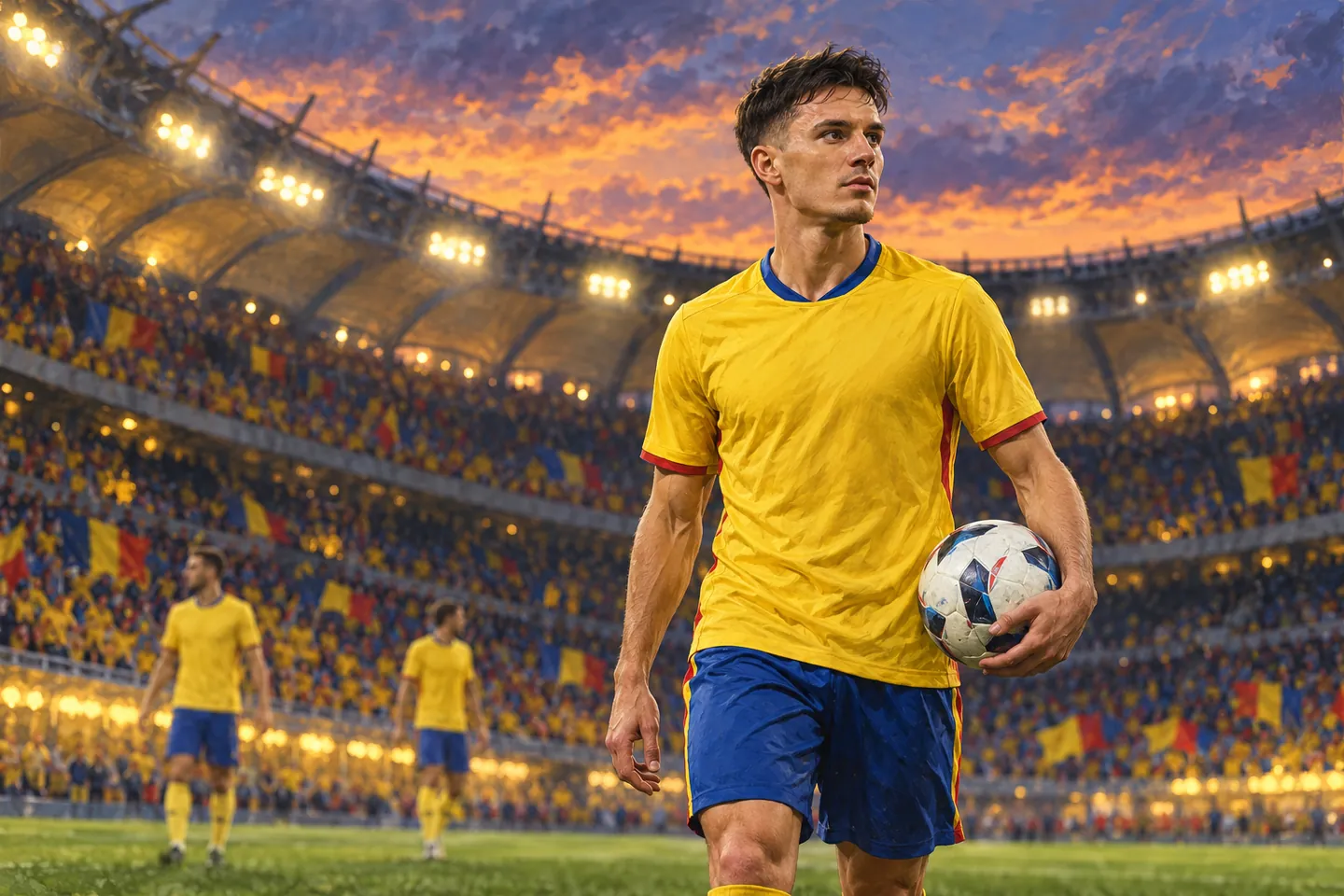 Dennis Man-inspired footballer in a yellow Romania shirt, looking toward the pitch