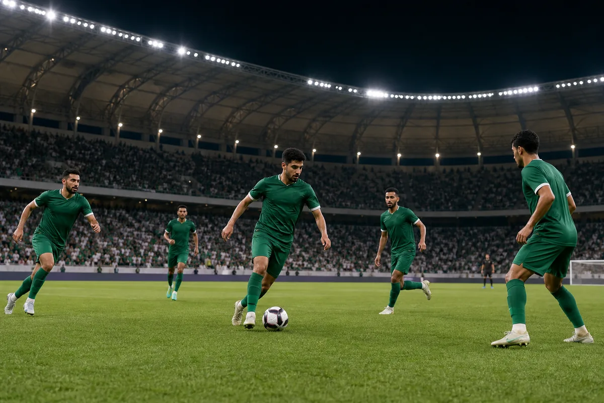 Fictional footballers in Saudi Arabia-inspired national colours during a stadium match