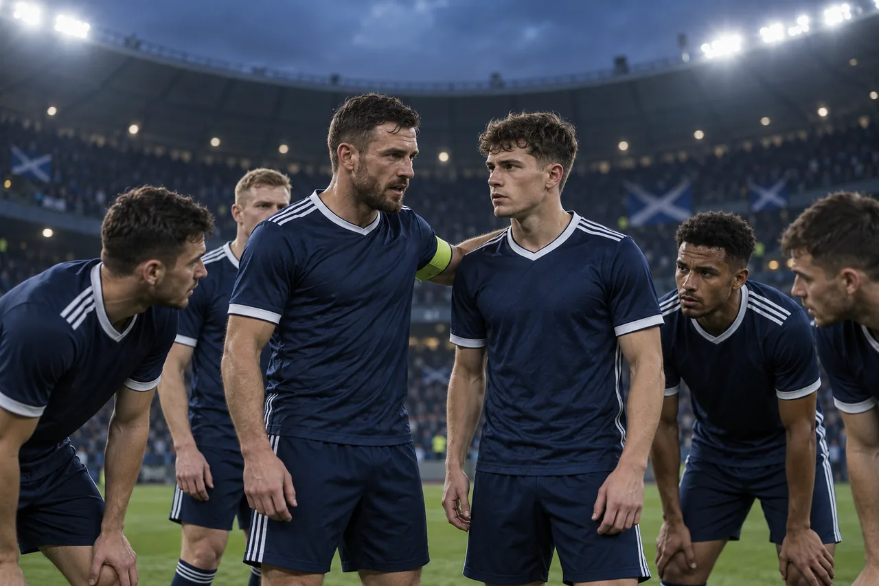 Fictional footballers in Scotland-inspired national colours during a stadium match