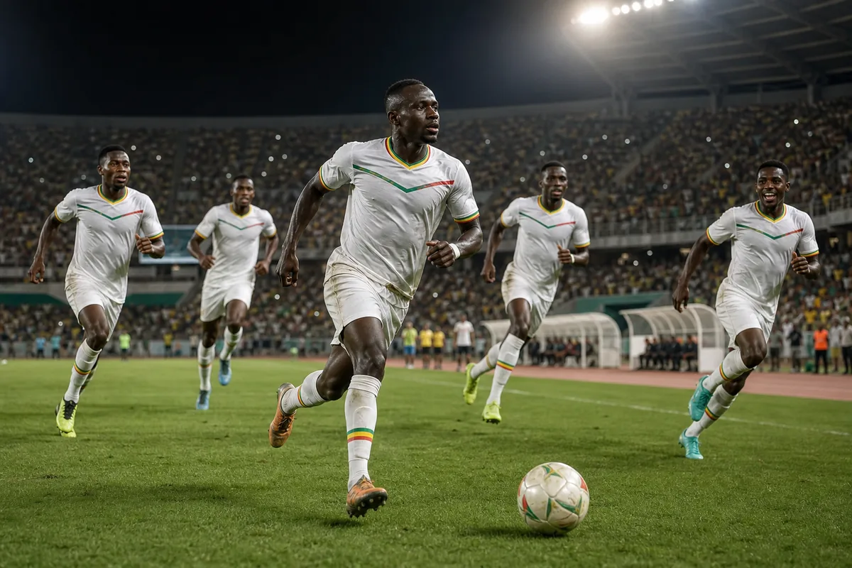 Fictional footballers in Senegal-inspired national colours during a stadium match