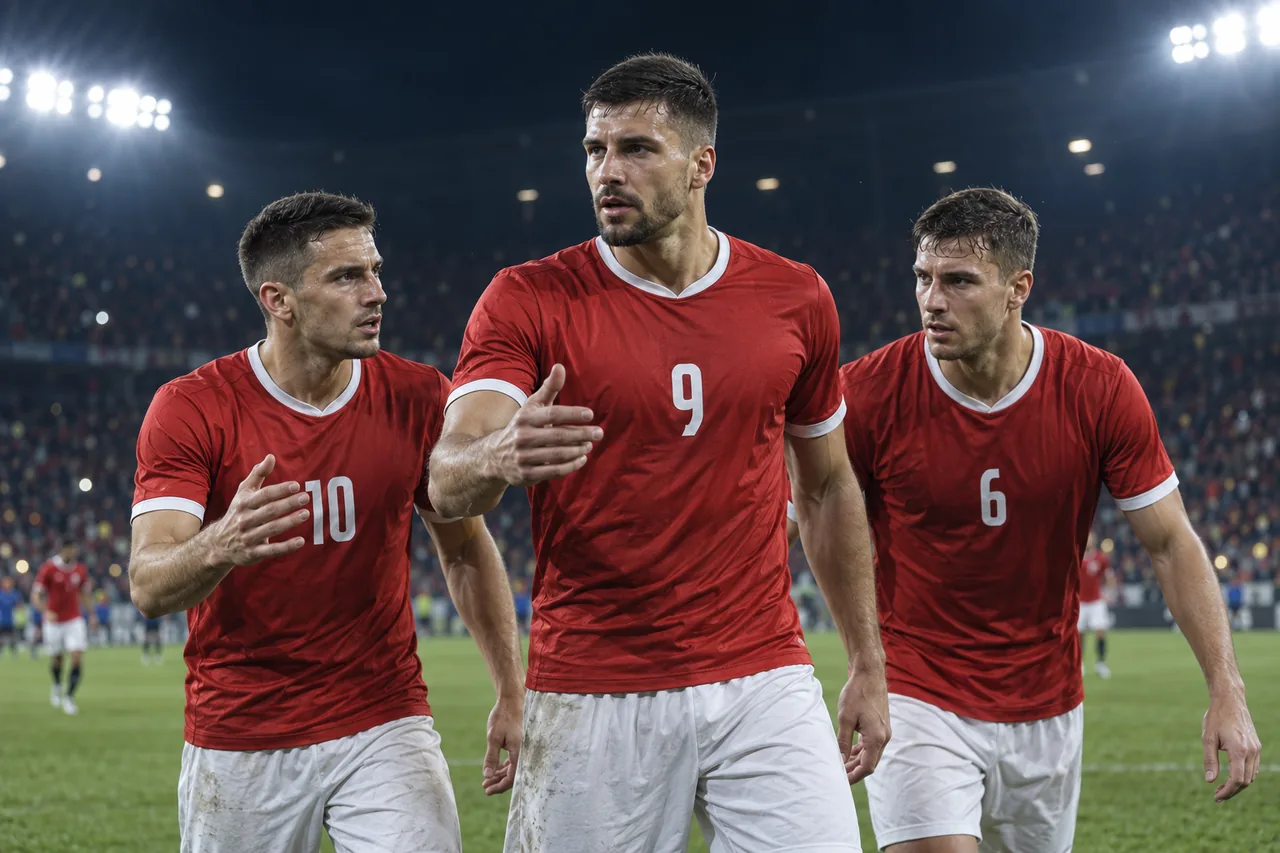 Fictional footballers in Serbia-inspired national colours during a stadium match