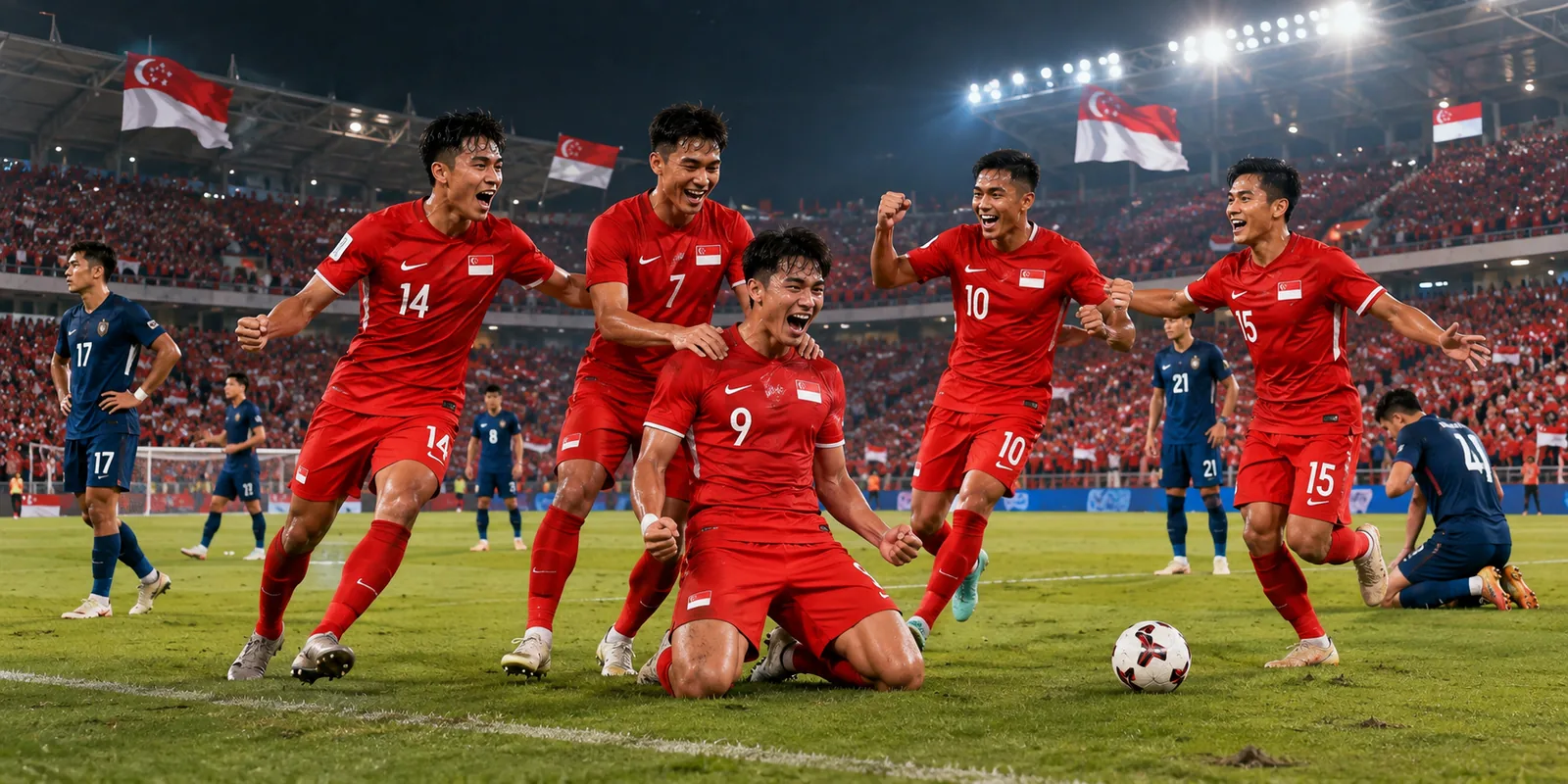 Conceptual illustration of Singapore players celebrating a regional international match
