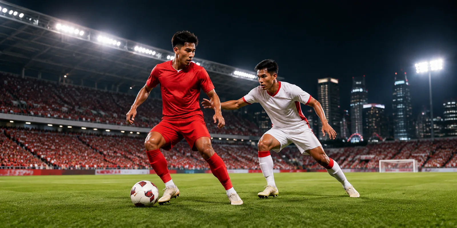 Conceptual illustration of a Singapore footballer under pressure in a regional match