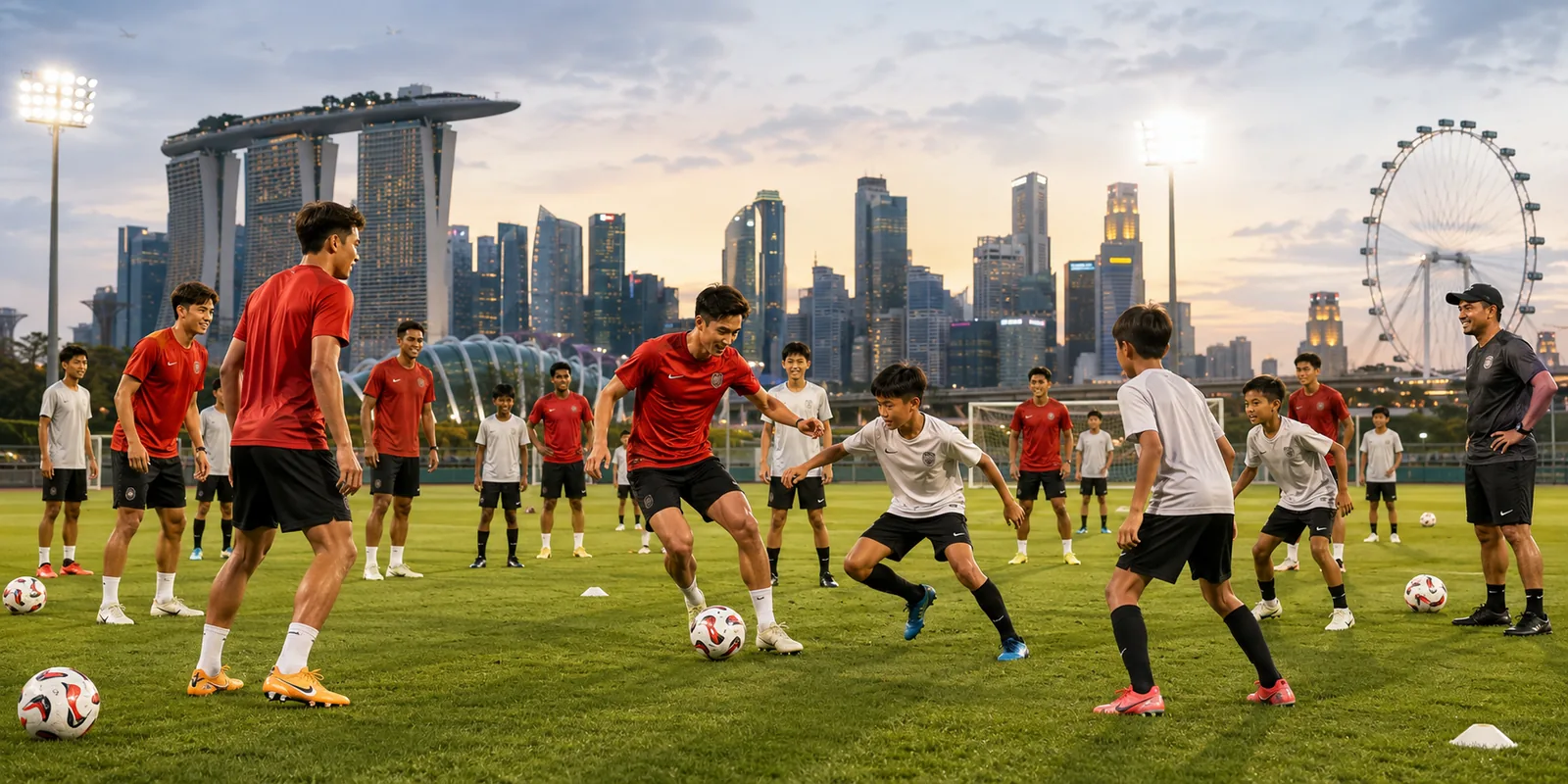 Conceptual illustration of Singapore senior and academy players training beside the city skyline