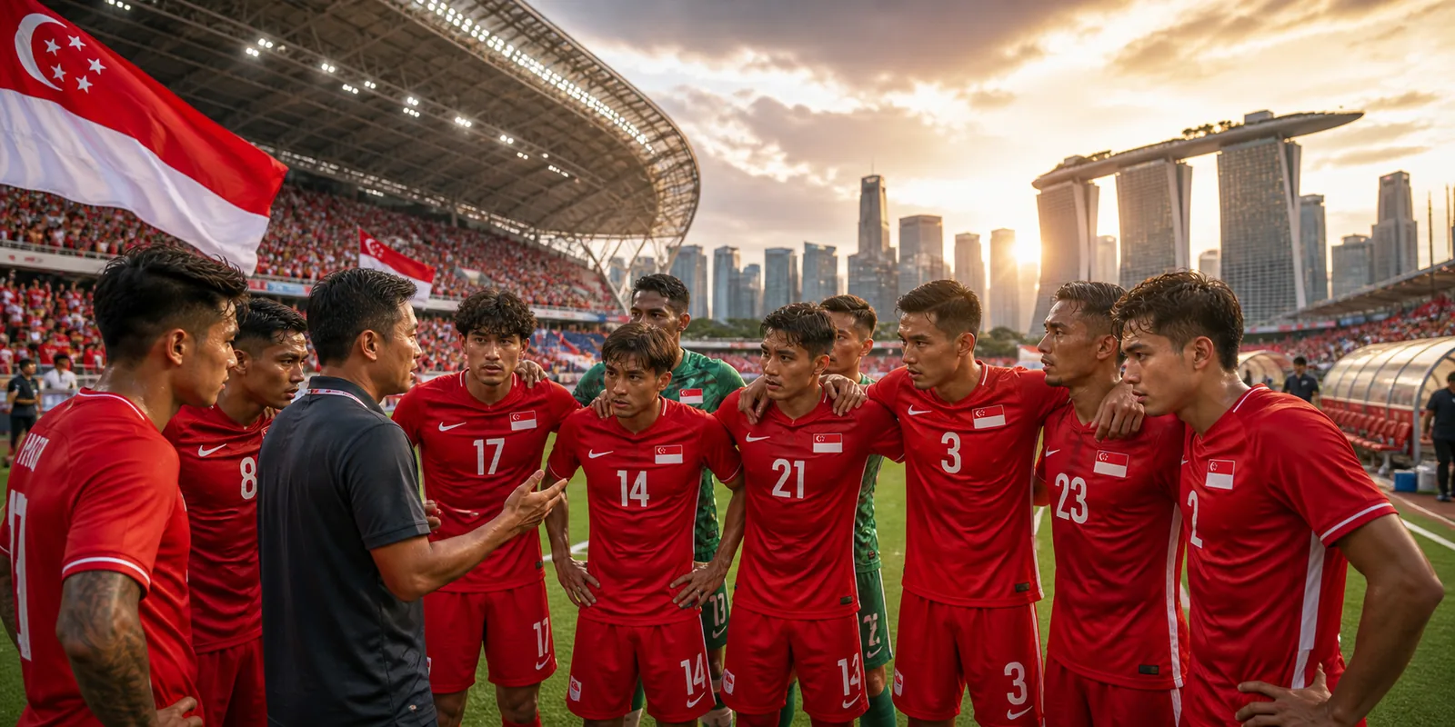 Conceptual illustration of Singapore players in a focused team huddle