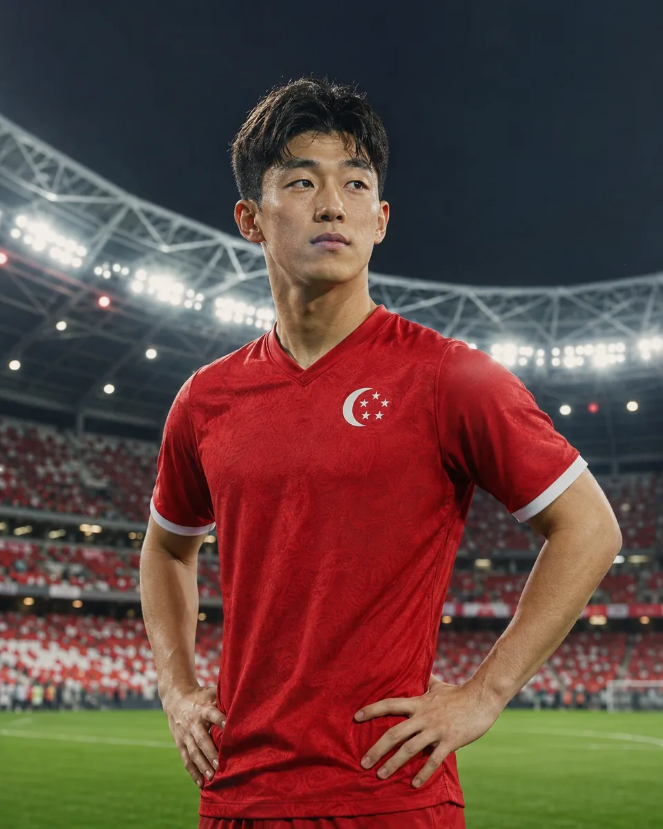 Editorial portrait of Song Ui-young in Singapore colours at a stadium