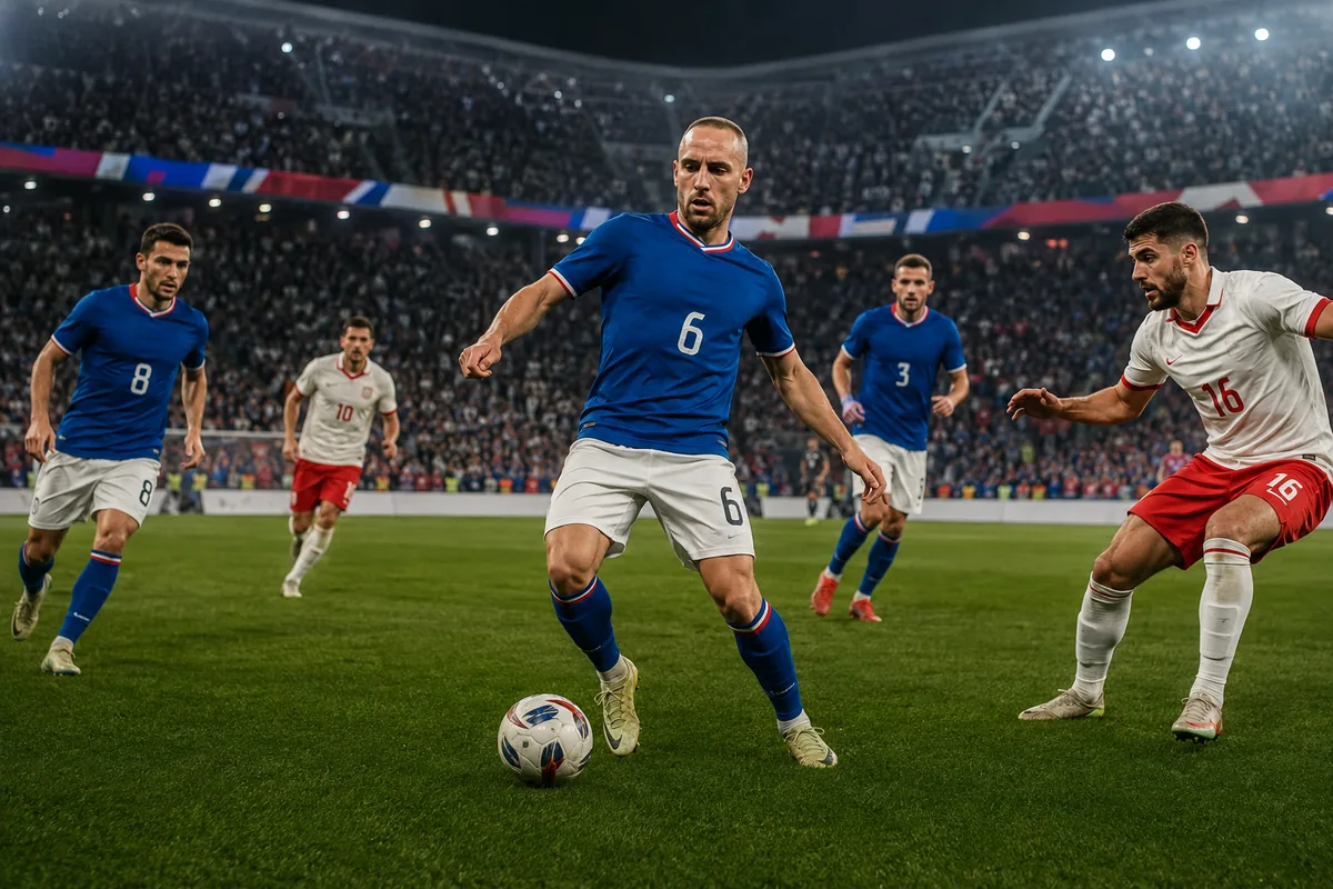 Fictional footballers in Slovakia-inspired national colours during a stadium match