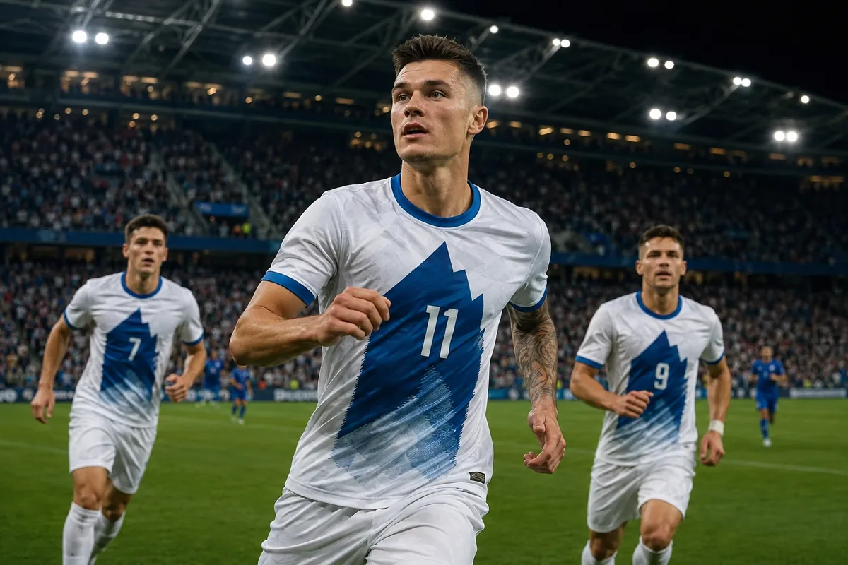 Fictional footballers in Slovenia-inspired national colours during a stadium match