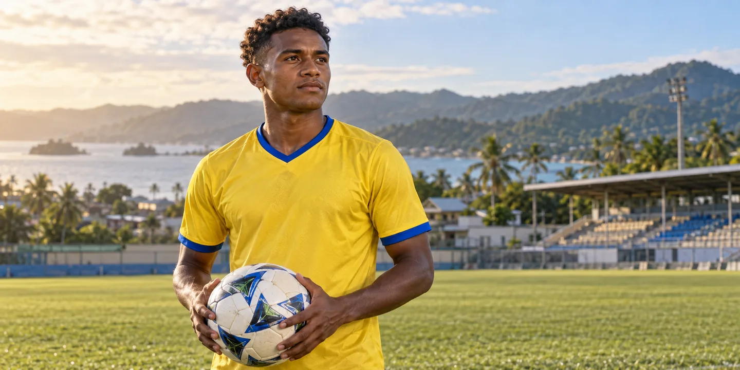 Rafa Leai-inspired Solomon Islands forward in yellow at a tropical football ground, with his full head and face visible