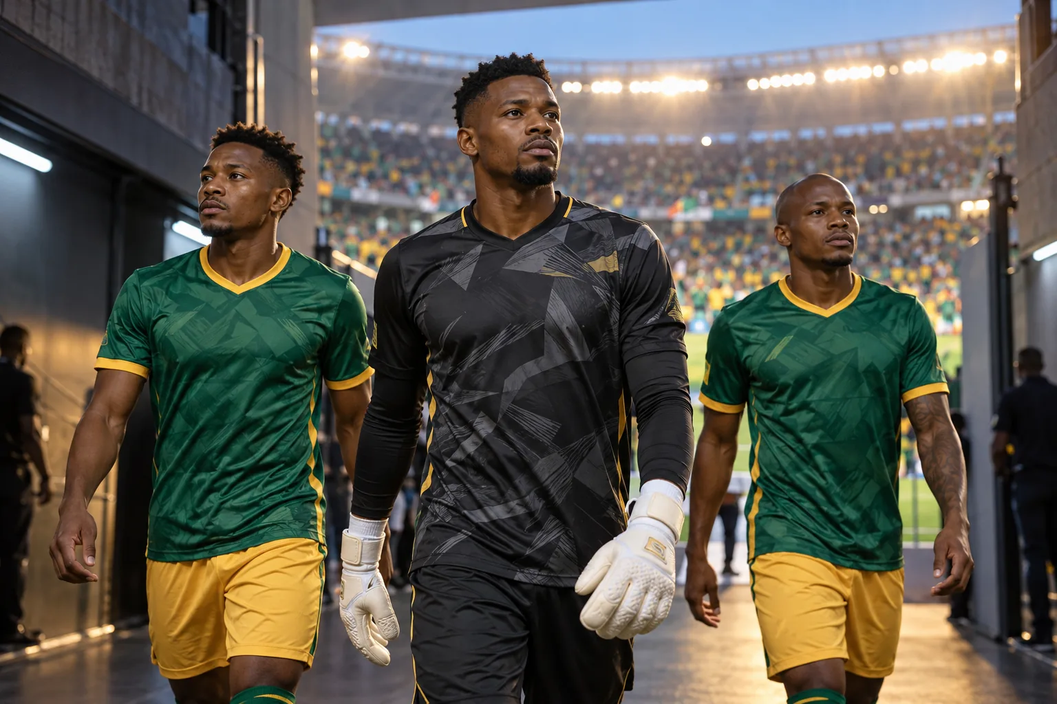 Fictional footballers in South Africa-inspired national colours during a stadium match
