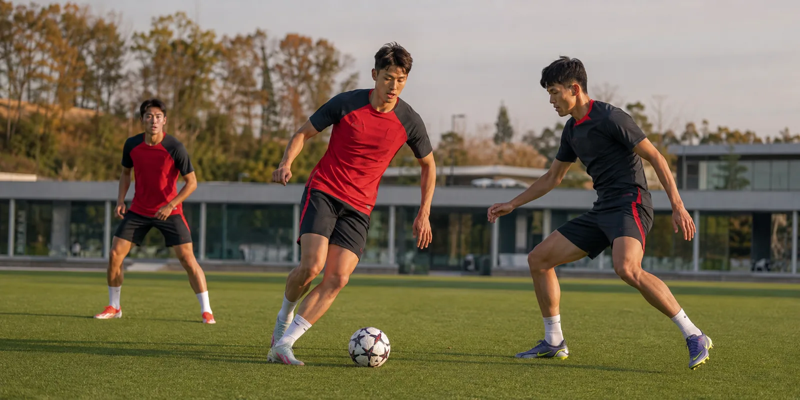 Imagined training illustration of Son Heung-min, Kim Min-jae and a fictional teammate preparing on a pitch