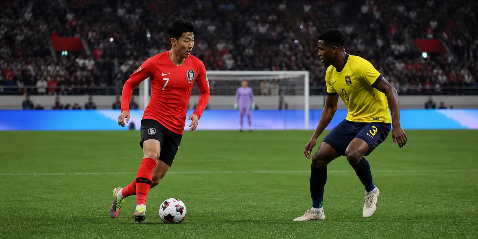 Preview illustration of Son Heung-min carrying the ball against a fictional Ecuadorian defender