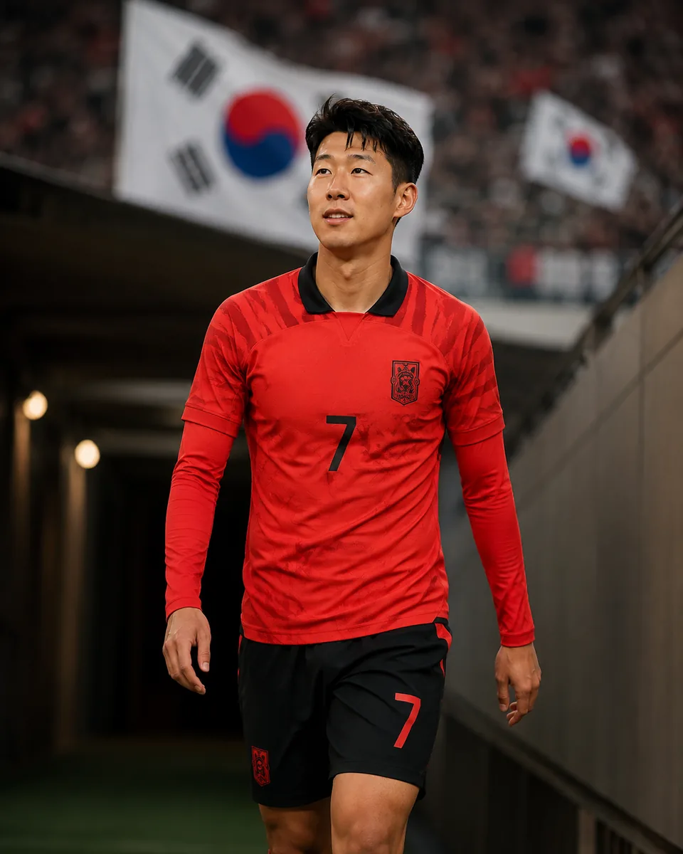Editorial portrait of Son Heung-min in a red South Korea shirt at a stadium