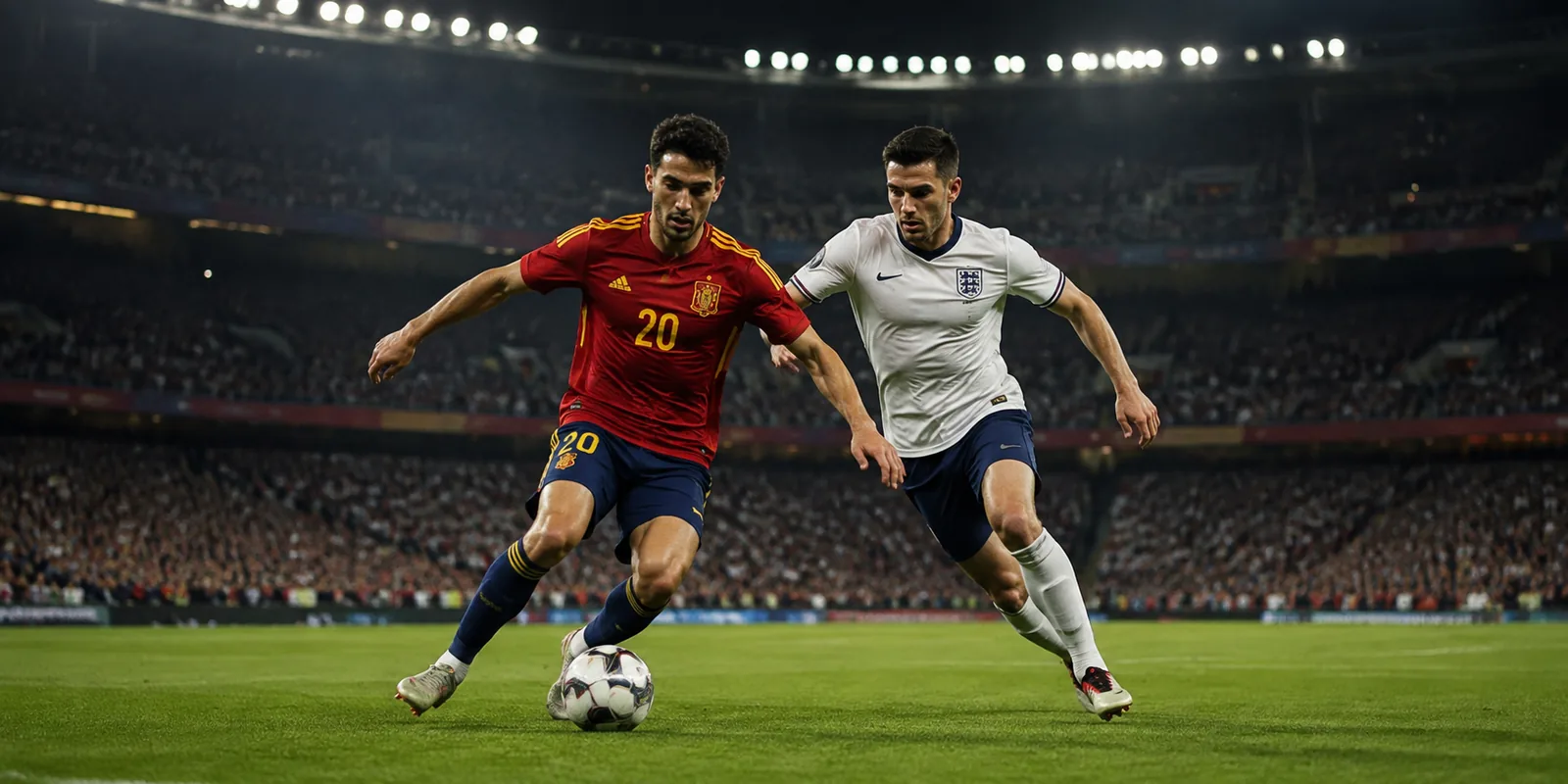 Editorial illustration of a Spain player and an England player competing for the ball