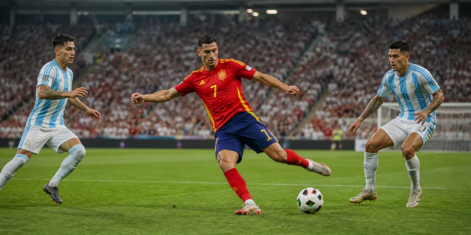 Editorial interpretation of Ferran Torres shooting under pressure from defenders in Argentina colours