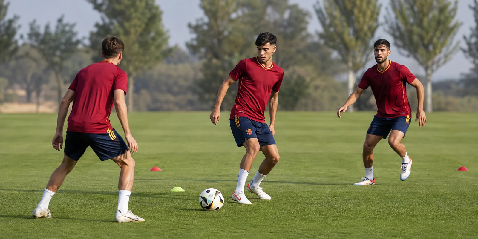 Editorial illustration of Pedri receiving a pass between two teammates on a training pitch