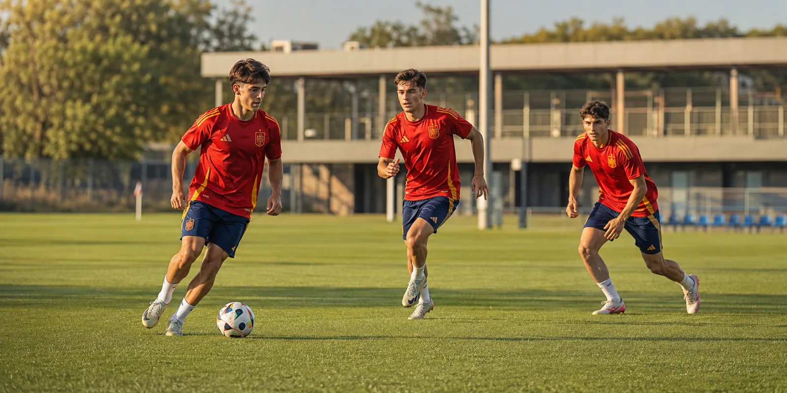 Editorial illustration of three fictional Spain players combining in a forward passing drill