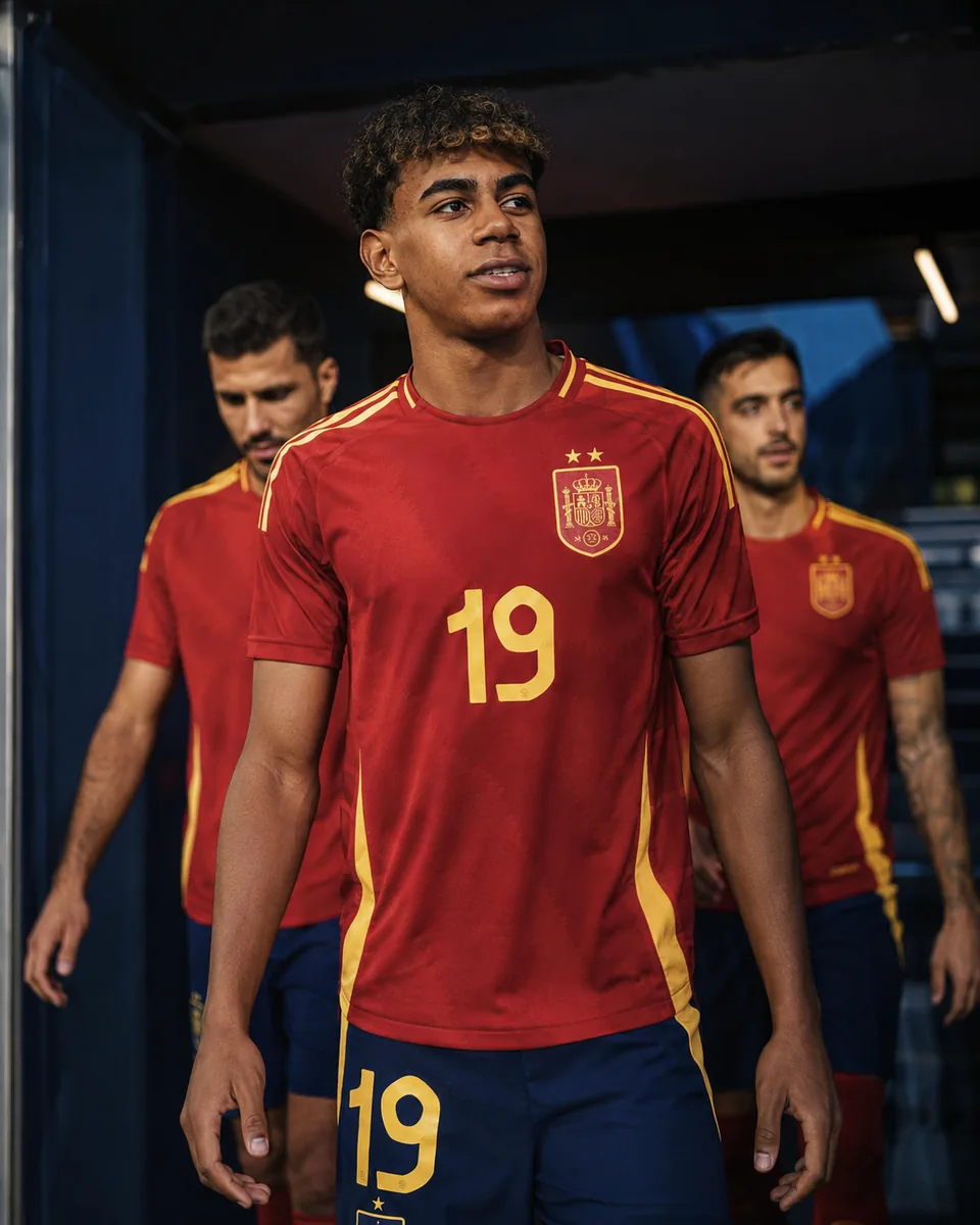 Editorial portrait of Lamine Yamal in Spain colours, walking through a stadium tunnel