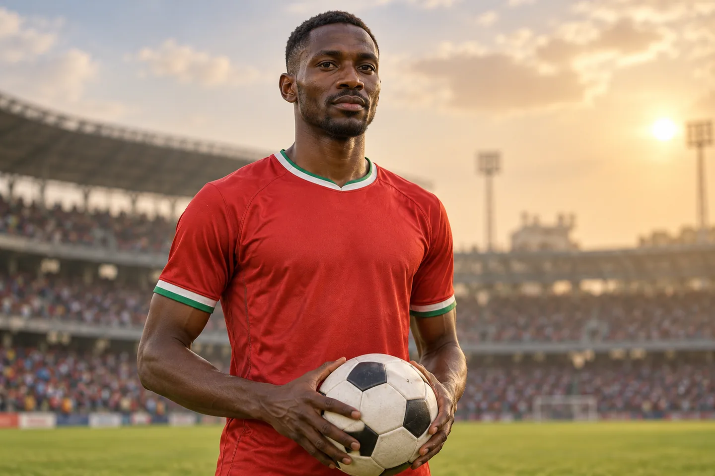 Mo Eisa-inspired Sudanese forward in a plain red shirt holding a ball