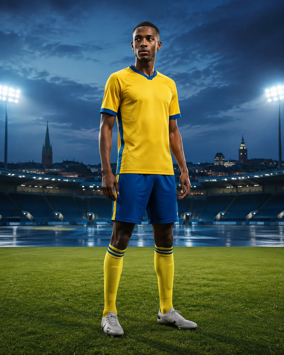 Editorial portrait of a Swedish striker in yellow and blue