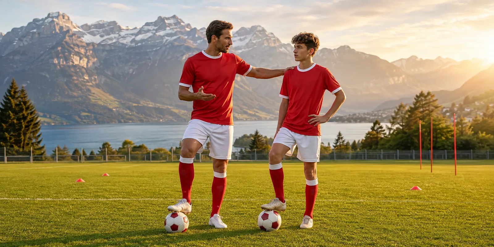 Conceptual experienced Swiss player mentoring a young player