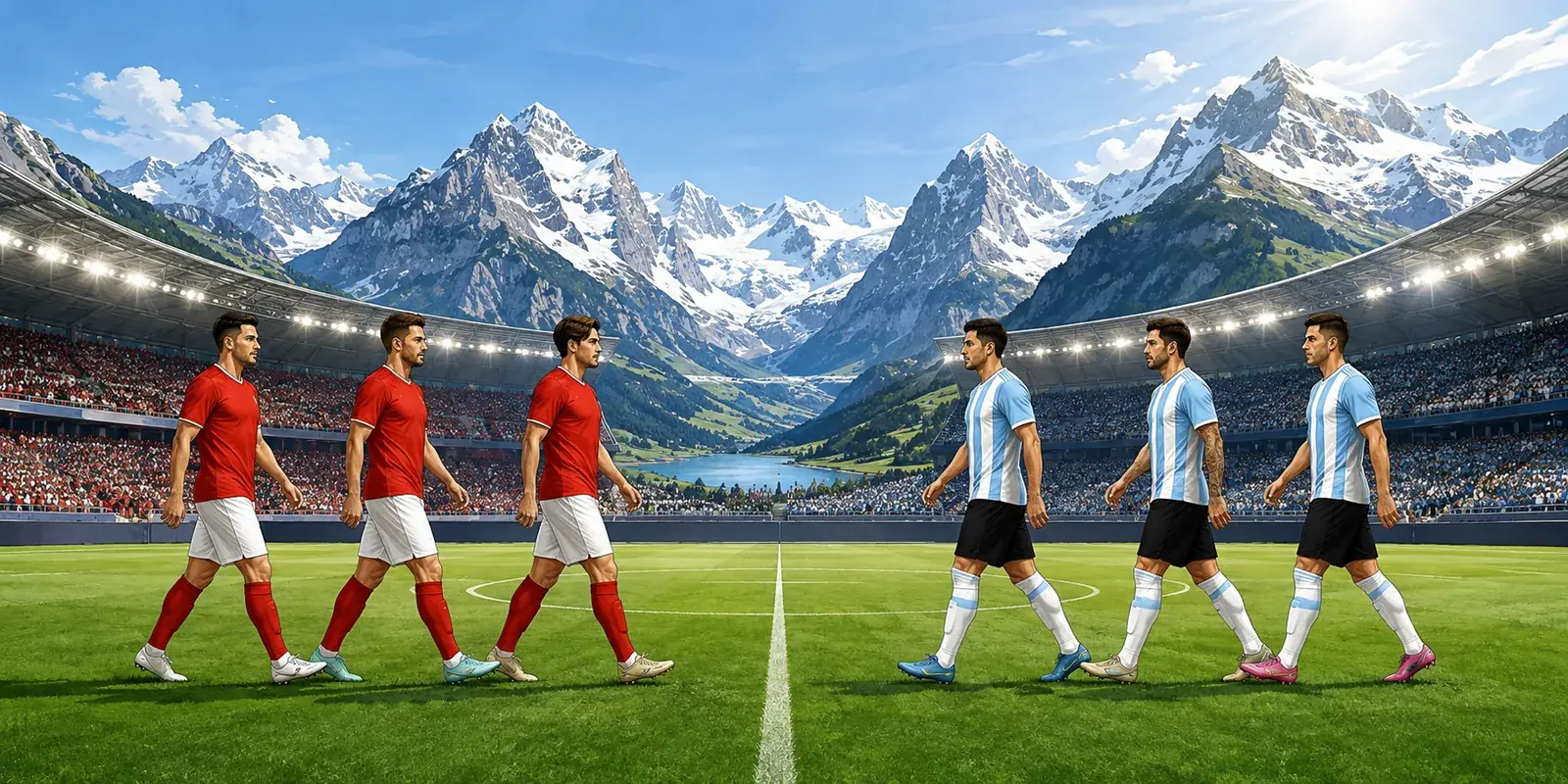 Conceptual Switzerland and Argentina World Cup quarter-final scene