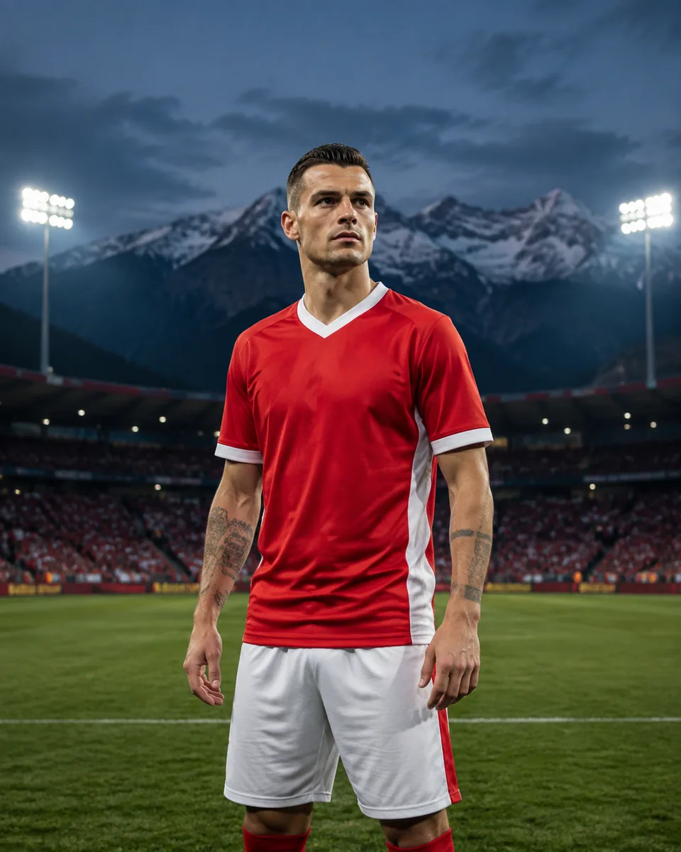 Editorial portrait of a Swiss midfielder in red and white