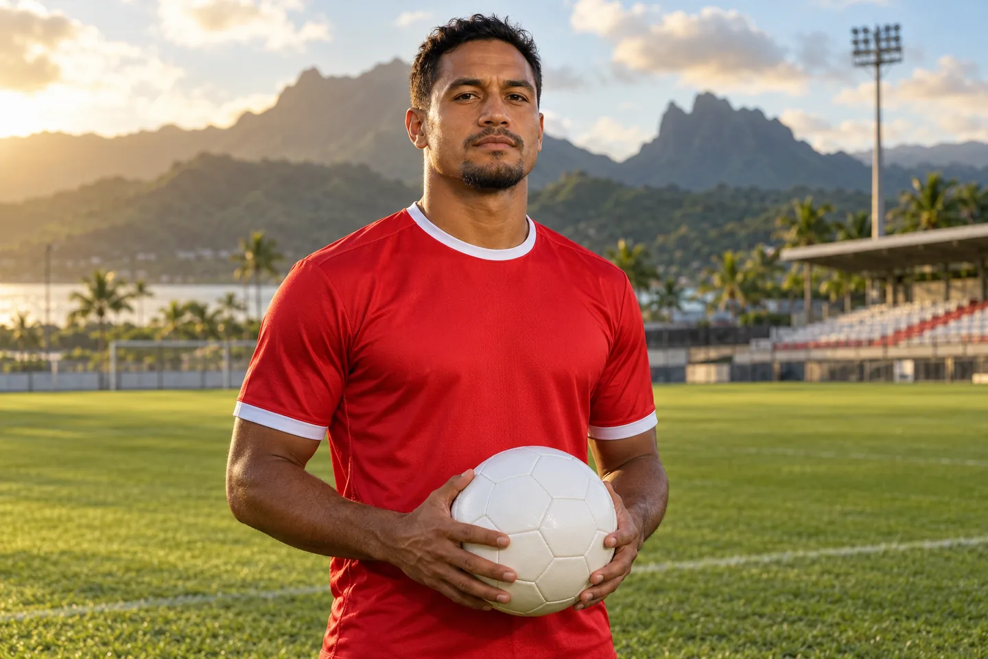 Teaonui Tehau-inspired Polynesian forward in a plain red shirt holding a ball