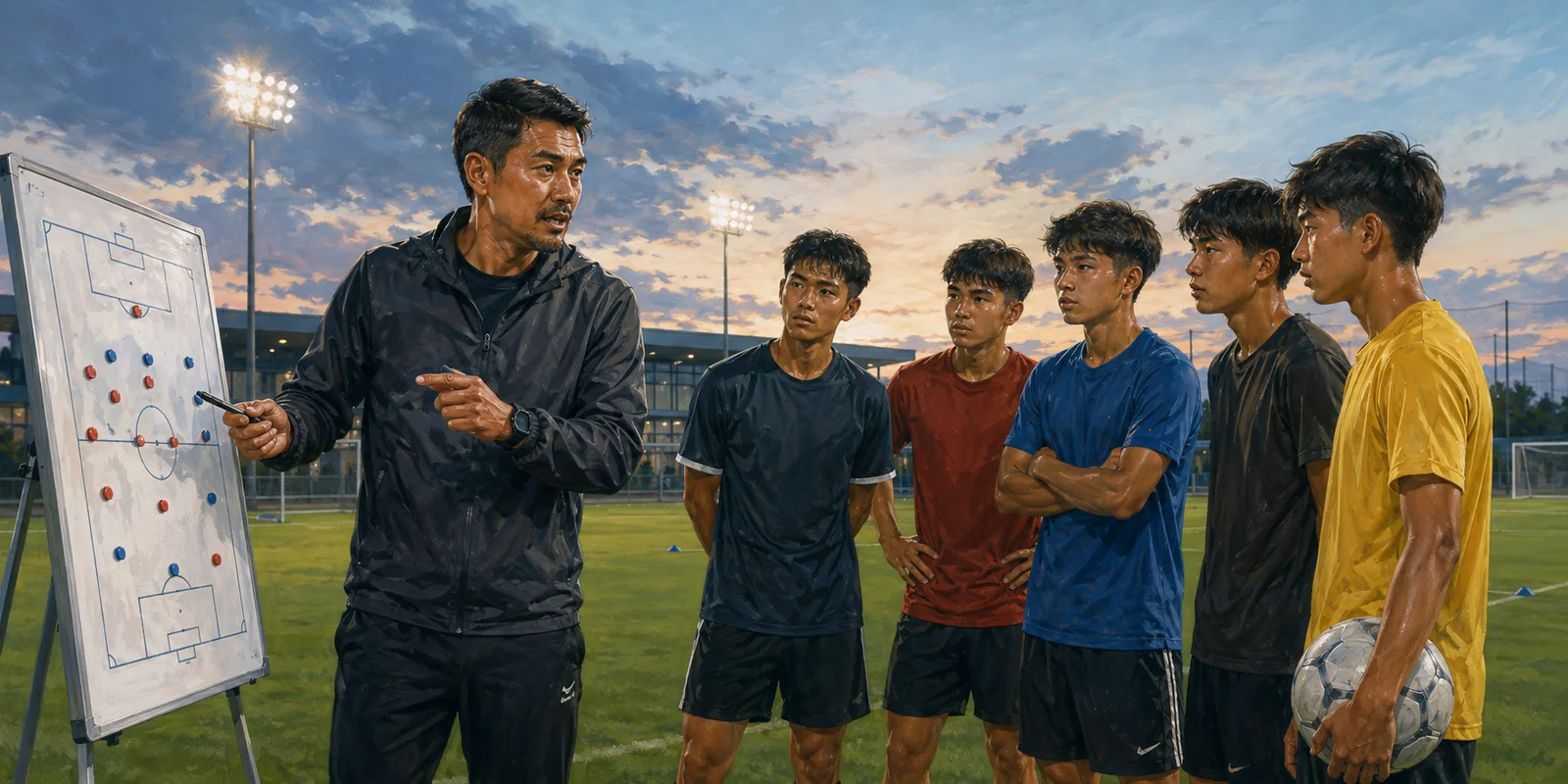 Fictional Thai coach directing a training session