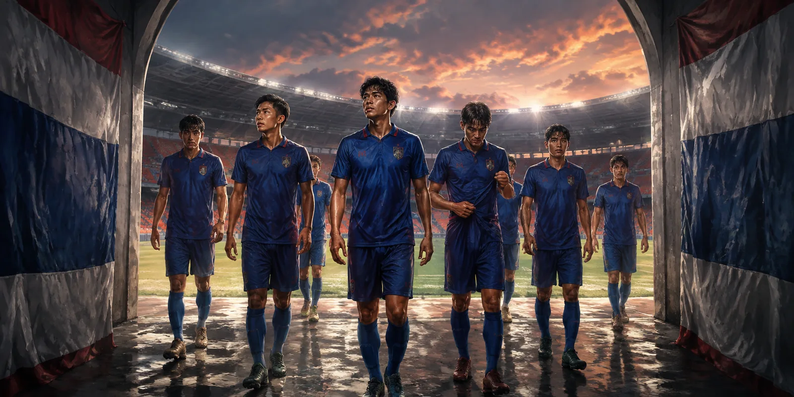 Fictional Thai players walking from a stadium tunnel toward the next cycle