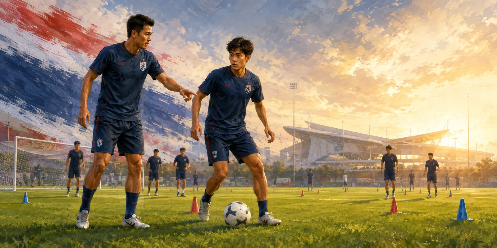 Fictional senior Thai player mentoring a younger teammate