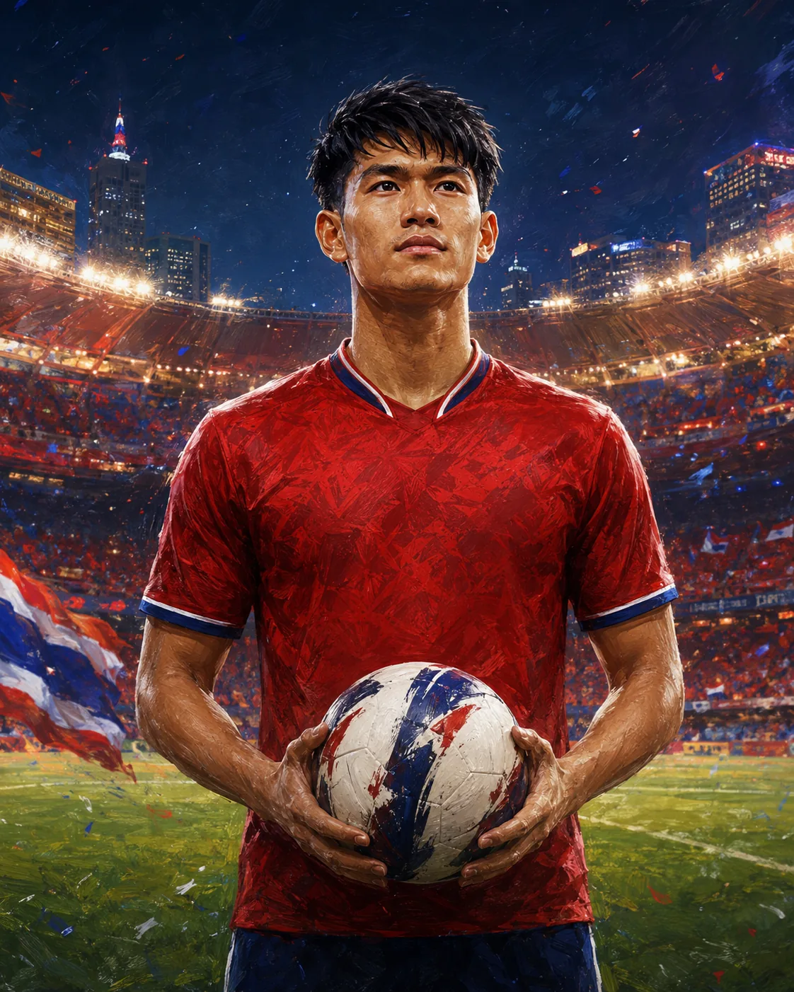 Editorial portrait of a Thai footballer in red