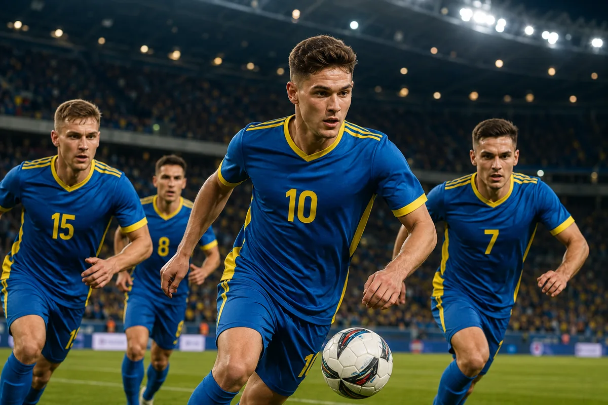 Fictional footballers in Ukraine-inspired national colours during a stadium match