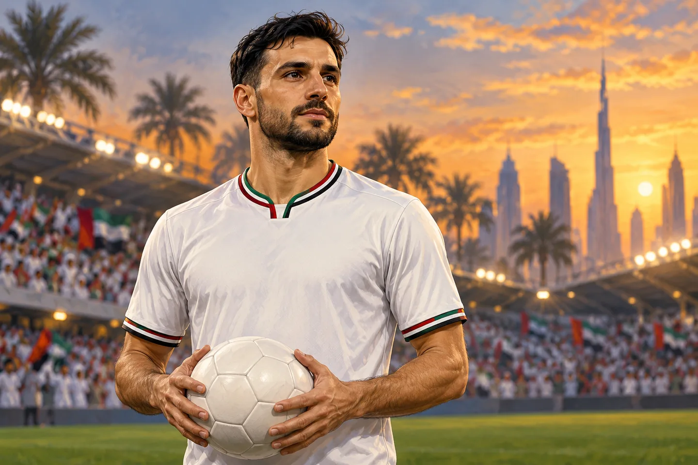 Gimenez-inspired UAE playmaker in a plain white shirt holding a football