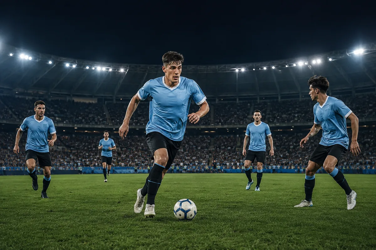 Fictional footballers in Uruguay-inspired national colours during a stadium match