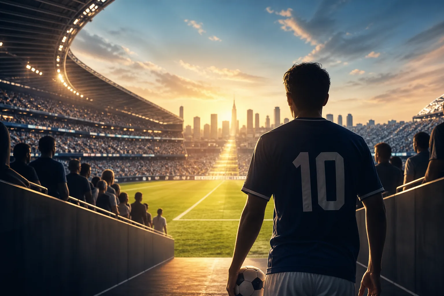 Illustration of an American soccer player looking out over a crowded home stadium