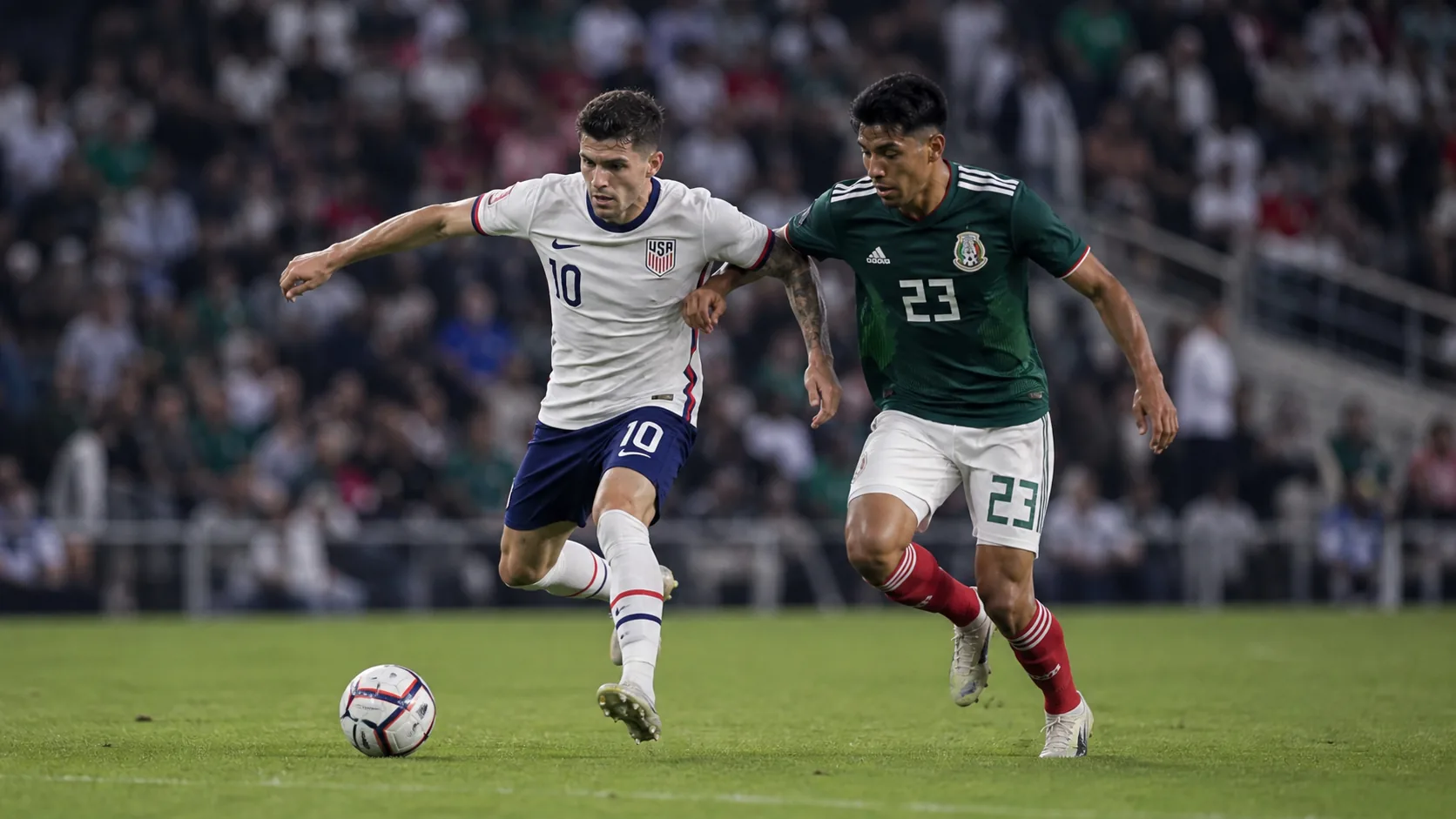 Illustration of a USA player and a Mexico player competing for the ball