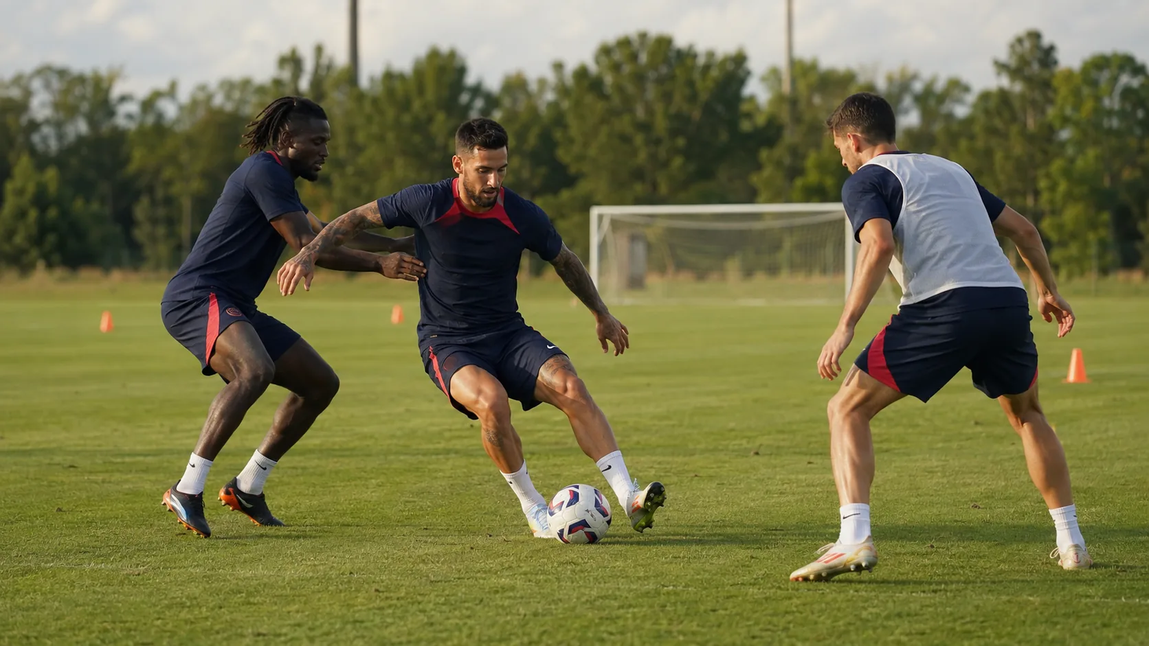 Illustration of USA men's players contesting possession during a training drill