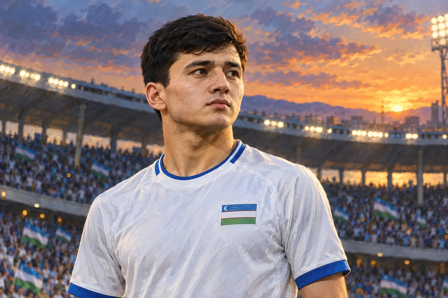 Abdukodir Khusanov-inspired editorial portrait in a white Uzbekistan jersey