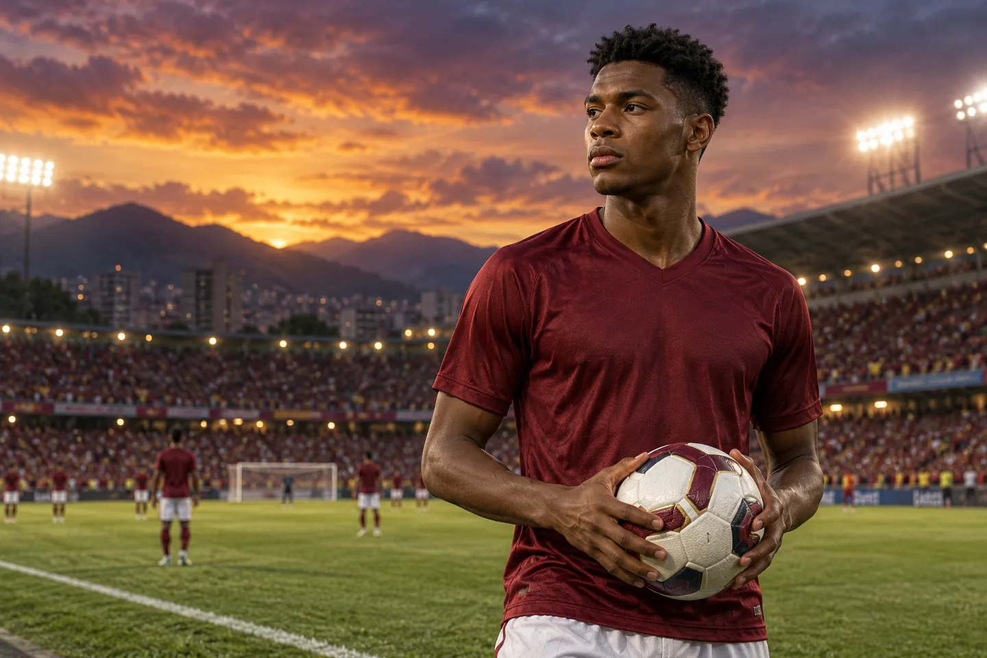 Kelsy-inspired Venezuelan forward in a burgundy shirt holding a football