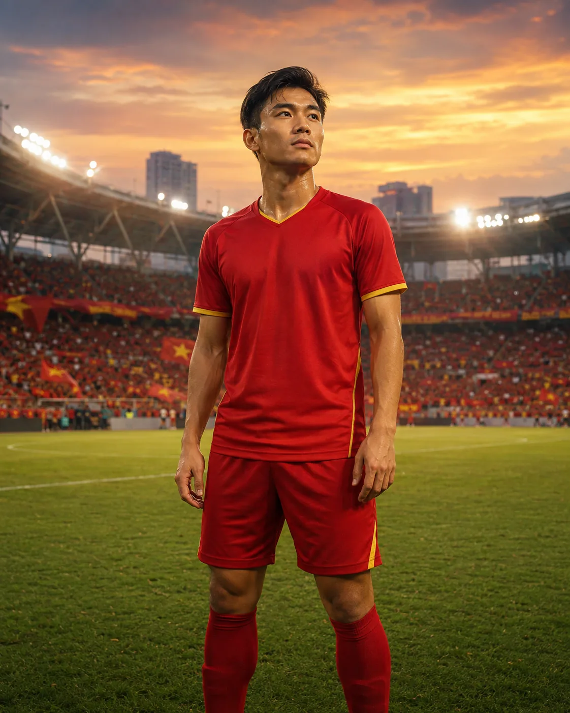 Editorial portrait of a Vietnamese footballer in red and yellow