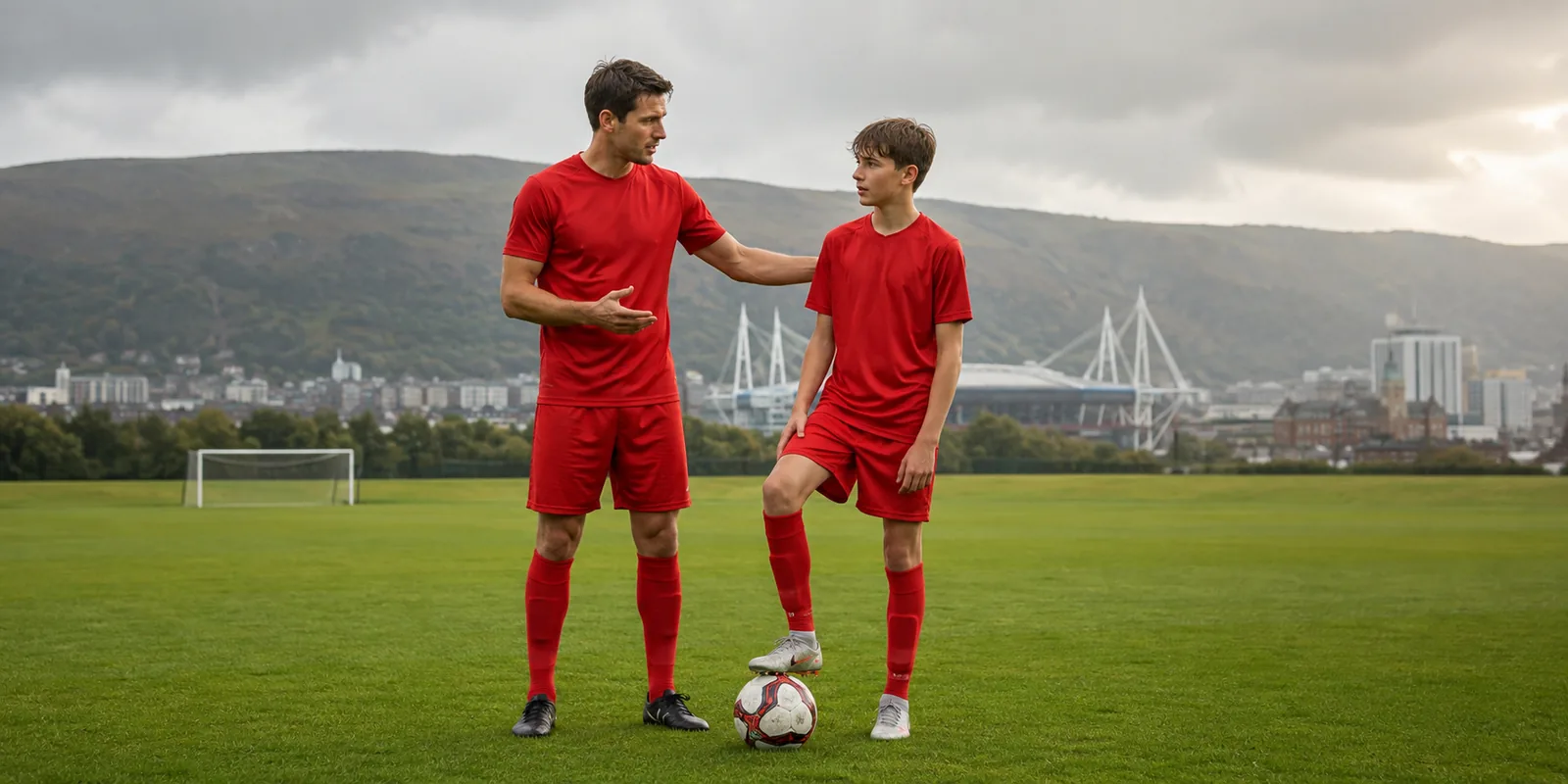 Conceptual experienced Welsh player mentoring a young player