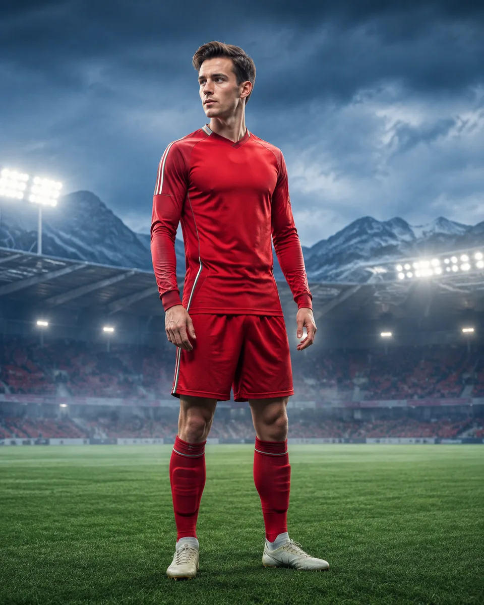 Editorial portrait of a Welsh midfielder in red