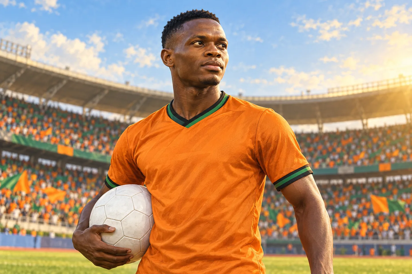 Daka-inspired Zambian forward in a copper-orange football shirt holding a ball